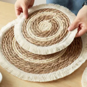 Round Natural Wicker & Cotton Tassel Placemat