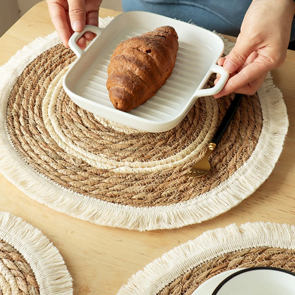 kf-Scbbf463549b4438eb5f26f7dc6f5c5ffS-25-38cm-Round-Natural-Wicker-Cotton-Woven-Tassels-Placemat-Plate-Water-Straw-Braided-Tablemats-Rattan-Weave
