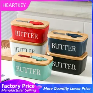 Nordic Butter Sealing Box Ceramic Butter Plate Cheese Storage Tray Butter Dish Container Box Butter Dish with Wood Lid and Knife
